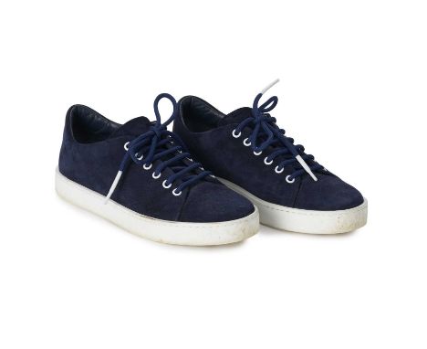 Manolo Blahnik, a pair of Semanada sneakers, crafted from navy blue suede, featuring a low-cut design, round toe, white lace-