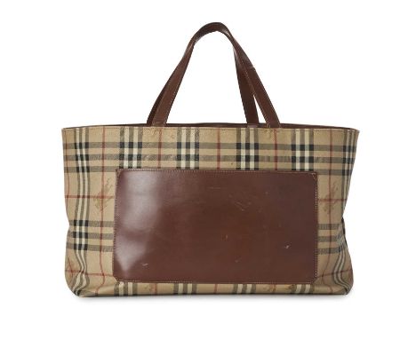 Burberry, a large tote, designed with a Haymarket check coated canvas exterior and smooth tan leather trim, featuring a large