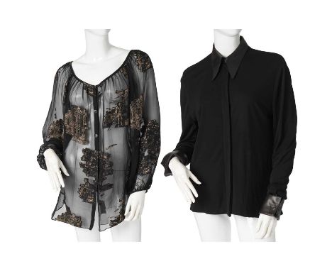 Hermes, two vintage blouses, to include a black sheer blouse with silk embroidery depicting images of Parisian life, together