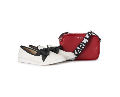 Karl Lagerfeld, a crossbody bag and a pair of shoes, to include a red faux leather camera bag with a black and white logo pat