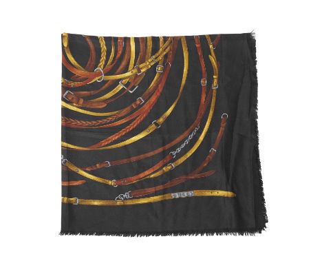 Gucci, a wool/silk equestrian shawl, featuring a coiled multiple belt motif, on a black background with fringed trim, measuri