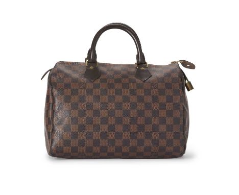 Louis Vuitton, a damier Speedy 30 handbag, designed with a damier canvas exterior, smooth brown leather top handles and trim,