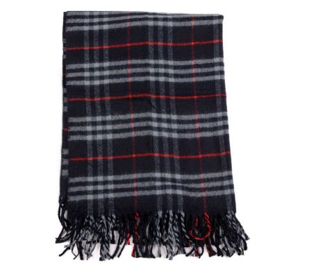 Burberry, a navy blue Nova Check lambswool shawl, with fringe detailing at either end, measuring 70 by 200cm- Overall very go