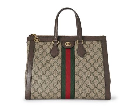 Gucci, a medium Supreme Ophidia tote bag, featuring a GG coated canvas exterior, with brown leather trim, green and red centr