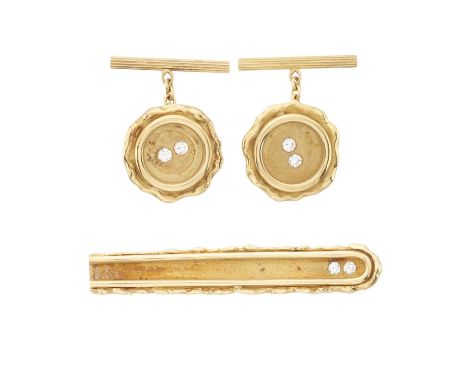 A pair of 18ct gold diamond cufflinks, together with a matching tie clip, estimated total diamond weight 0.50ct, H-I colour, 