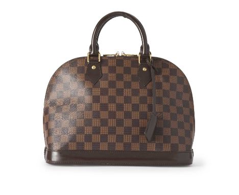 Louis Vuitton, a damier ebene Alma handbag, featuring smooth brown leather trim, rolled leather top handles, double wraparoun