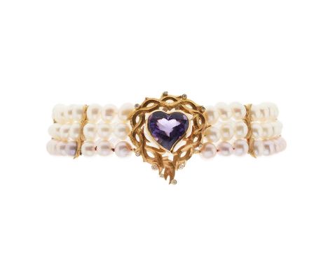 Stephen Webster, a cultured pearl three-row choker necklace, with 18ct gold spacers and sliding clasp, gathered to 18ct gold 