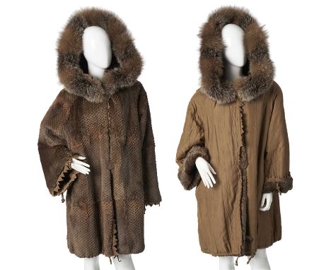 Fendi, a reversible hooded fur coat, featuring an FF embroidered fabric shell to one side and waffle sheared coney fur to the