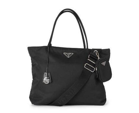 Prada, a black Tessuto tote w/pouch, featuring maker's front logo plaque, slim nylon handles, optional crossbody strap with d