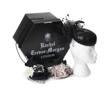 Three designer fascinators, to include a black sequin embellished sculpted fascinator hat by Frederick Fox, featuring a large