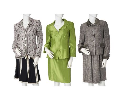 Rena Lange, three vintage outfits, to include an apple green silk skirt suit, a grey wool sleeveless dress and matching jacke