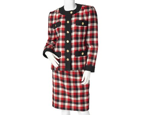 Celine, a 1980s vintage wool skirt suit, comprising a black, red and white check jacket, with detailed gold-tone buttons and 