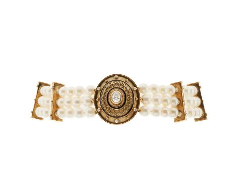 Theo Fennell, a cultured pearl three-row choker necklace, with sliding clasp, gathered to an 18ct gold vari-cut diamond and b