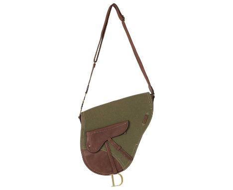 Christian Dior, a large Baudrier Saddle bag, featuring a khaki green canvas exterior with brown leather trim, brushed gold-to