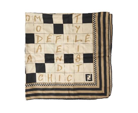 Fendi, a vintage silk scarf, featuring a wordsearch pattern in a beige and black colourway, measuring 88 by 88cm- Overall fai