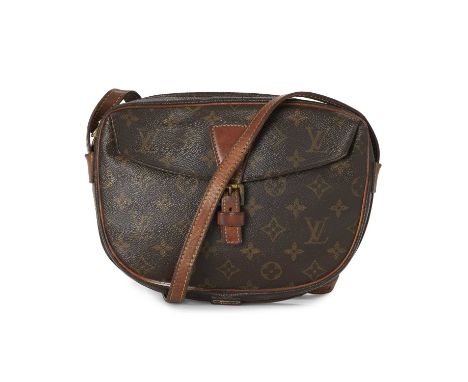 Louis Vuitton, a monogram Jeune Fille handbag, featuring smooth tan leather trim, a rear slip pocket, a long adjustable cross