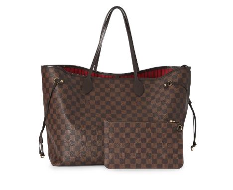 Louis Vuitton, a damier ebene Neverfull GM handbag w/pouch, featuring smooth brown leather trim, with dual slim leather handl