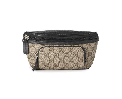 Gucci, a GG Supreme belt bag, crafted from the maker's GG monogram coated canvas, with black leather trim, two exterior zip p
