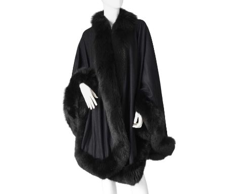 A black cashmere shawl, with black fox fur trim, one size- Overall very good condition- Condition reports are a guide only an