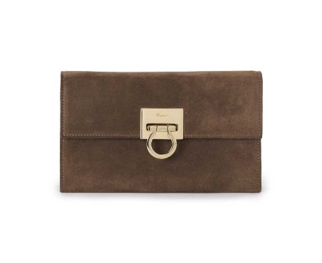 Salvatore Ferragamo, a Gancini Chain Clutch handbag, designed with a brown nubuck exterior, with polished gold-tone hardware,