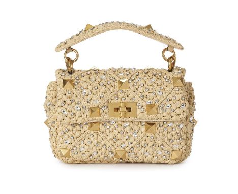 Valentino, a beige Raffia Roman Stud Embellished handbag, featuring a woven raffia exterior with crystals, beads and gold-ton