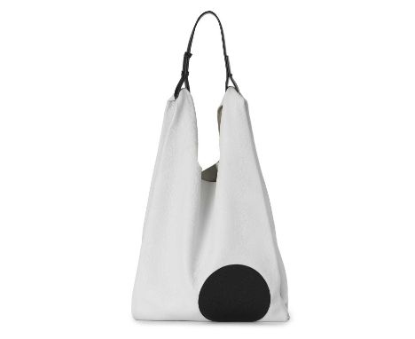 Jil Sander, a leather tote bag, crafted from white leather, featuring a minimalist black circular design, a single black leat