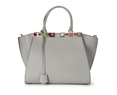 Fendi, a Studded 3Jours tote, crafted from grey leather, featuring multicoloured Plexiglass pyramid studs, rolled leather han