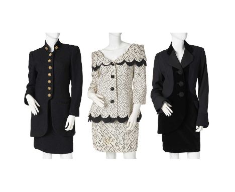 Three vintage designer outfits, to include a black velvet trimmed skirt suit by Tomasz Starzewski, a black wool skirt suit by