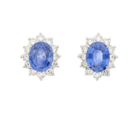 A pair of 18ct gold sapphire and brilliant-cut diamond cluster stud earrings, estimated total sapphire weight 3ct, estimated 