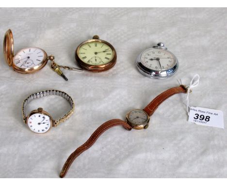 A lady's 9ct gold wristwatch, circular with white enamel dial and Roman numerals, in fitted case, together with another lady'