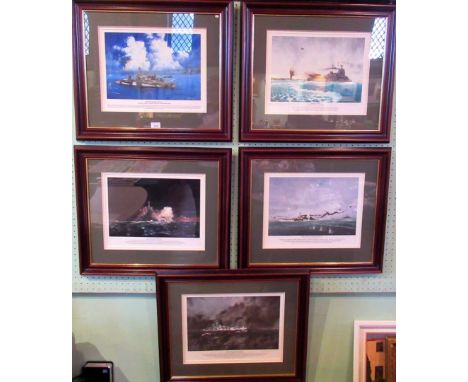 A collection of five limited edition Military Naval prints, pencil signed, each circa 30cm x 37cm, glazed in wooden frames.