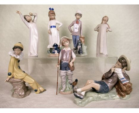 Seven assorted Lladro and Nao figurines, the tallest 25cm.