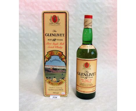 A cased bottle of Glenlivet Pure Single Malt Scotch Whisky, Aged 12 Years, in a box commemorating Scottish Classic Golf Cours