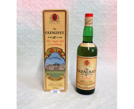 A cased bottle of Glenlivet Pure Single Malt Scotch Whisky, Aged 12 Years, in a box commemorating Scottish Classic Golf Cours