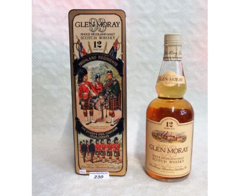 A cased bottle of Glen Moray Single Highland Malt Scotch Whisky, Aged 12 Years, in a box commemorating the Queen's Own Camero