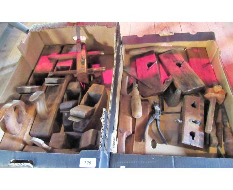 Two boxes containing a good quantity of woodworking tools, to include: planes, chisels and other items.