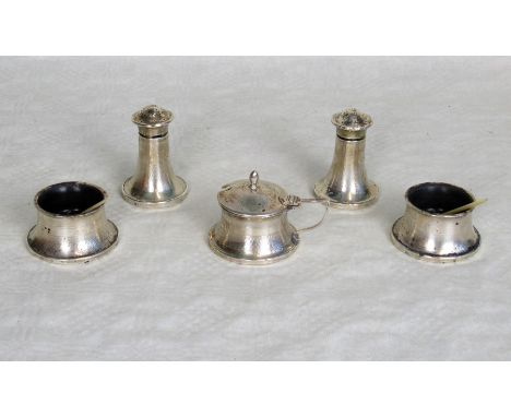 A  five piece silver cruet set, having engine turned decoration, Birmingham hallmarks.