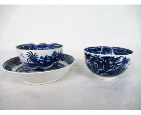 A late 18th century Caughley tea bowl & saucer, together with a further tea bowl, each in the Fence and House pattern, the sa