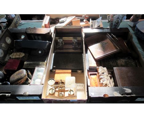 Four boxes containing a good quantity of interesting collector's items, to include: a set of walnut backed dominoes, a Bluebe