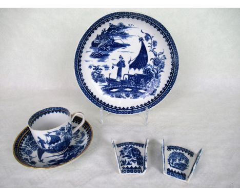 A collection of late 18th century Caughley tableware, each in the Fisherman pattern, to include: a pair of asparagus servers,