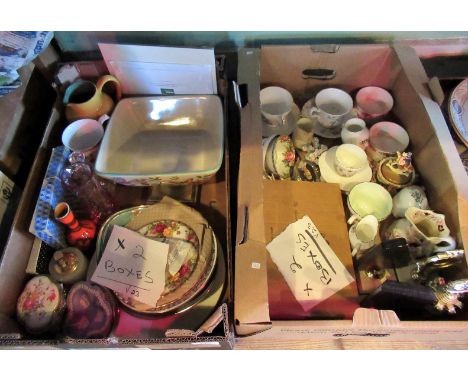 Two boxes containing assorted ceramics, to include: cabinet cups & saucers, an onyx table lighter, vases and other items.