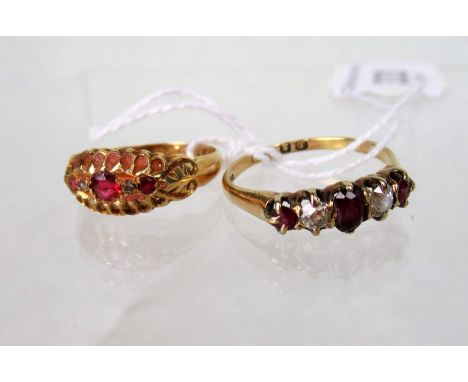 A Victorian ruby and diamond five stone half-hoop ring, the claw mounted mixed old cut stones in claw mounts to an 18ct gold 