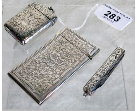A late Victorian silver cased propelling pencil and folding penknife, Birmingham hallmarks 1893, together with a silver vesta