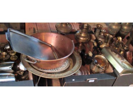 Three boxes containing a large quantity of metalware, to include: brass candlesticks, vases, oil lamps, copper pans, wall lig