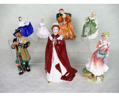 Seven assorted figurines to include examples by Royal Doulton and Royal Worcester, to include: Queen Elizabeth II, The Laird 