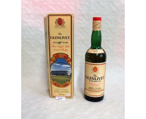 A cased bottle of Glenlivet Pure Single Malt Scotch Whisky, Aged 12 Years, in a box commemorating Scottish Classic Golf Cours