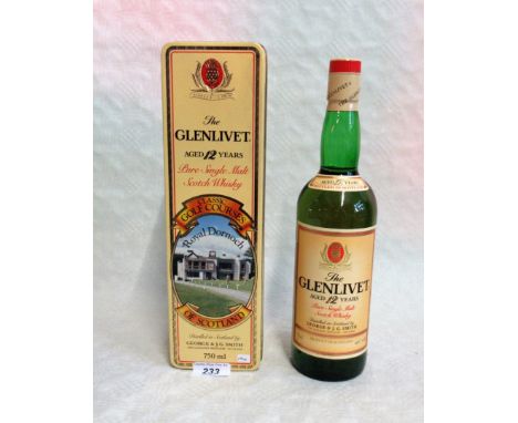 A cased bottle of Glenlivet Pure Single Malt Scotch Whisky, Aged 12 Years, in a box commemorating Scottish Classic Golf Cours