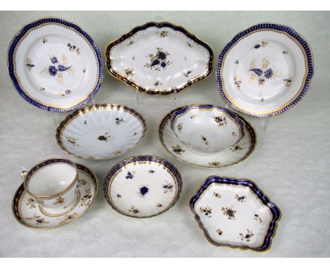 A collection of late 18th century Caughley items, each in the Dresden Flowers pattern, comprising: two scalloped edge plates,