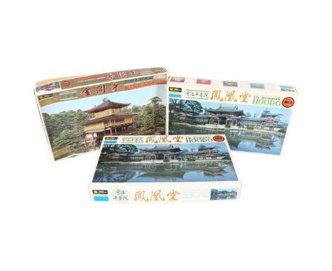 FUJIMI MOKI CO. LTD - a group of 3 Japanese architectural plastic model kits, including Kit no. B10-1500, Deluxe Buddhist Tem