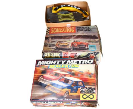 SCALEXTRIC - a Vintage model motor racing set, set 65, appears complete and in original box with associated vehicles, Mighty 
